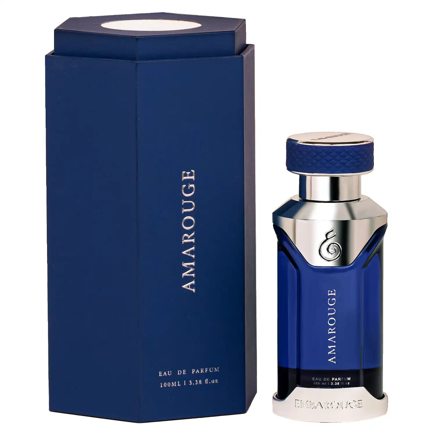 Amarouge luxury perfume for him by Embarouge, 100ml Eau de parfum in royal blue bottle displayed beside a premium blue box