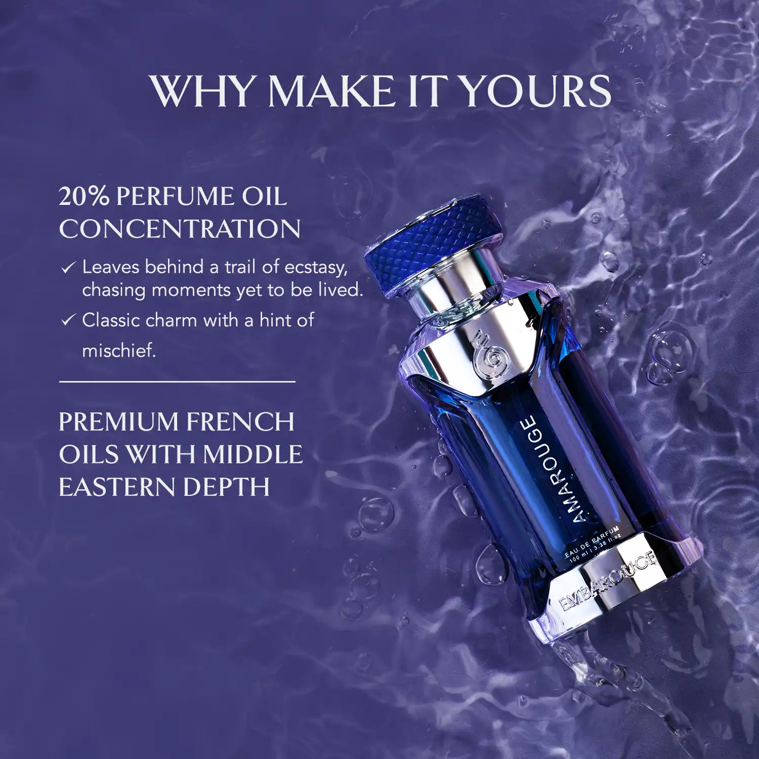 Embarouge Amarouge Luxury perfume for him Eau De Parfum 100ml highlighting the 20% oil concentration for long lasting fragrance