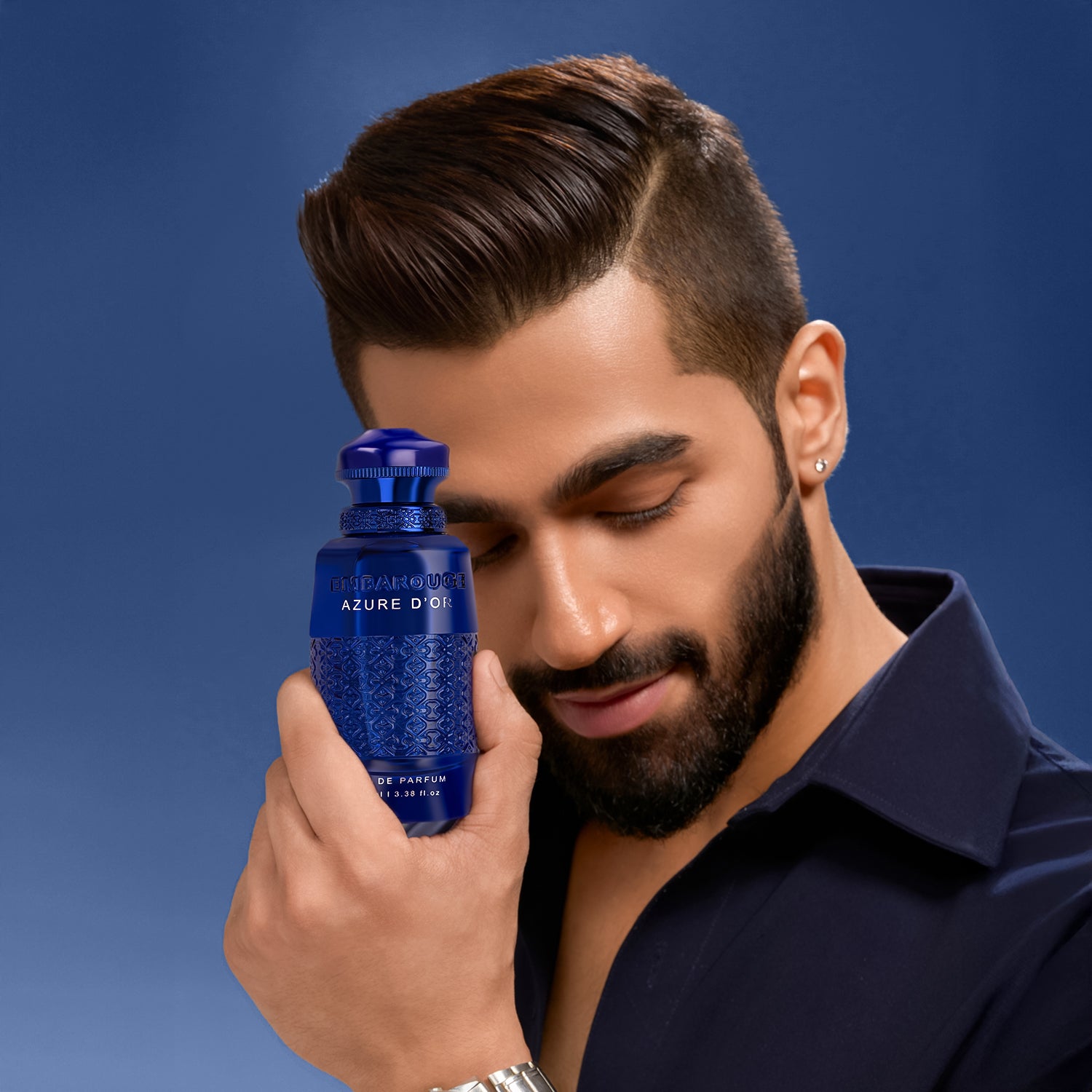 Embarouge Azure Dor Luxury perfume for him Eau De Parfum 100ml - showing it’s best for Evenings & Date Nights lifestyle shoot