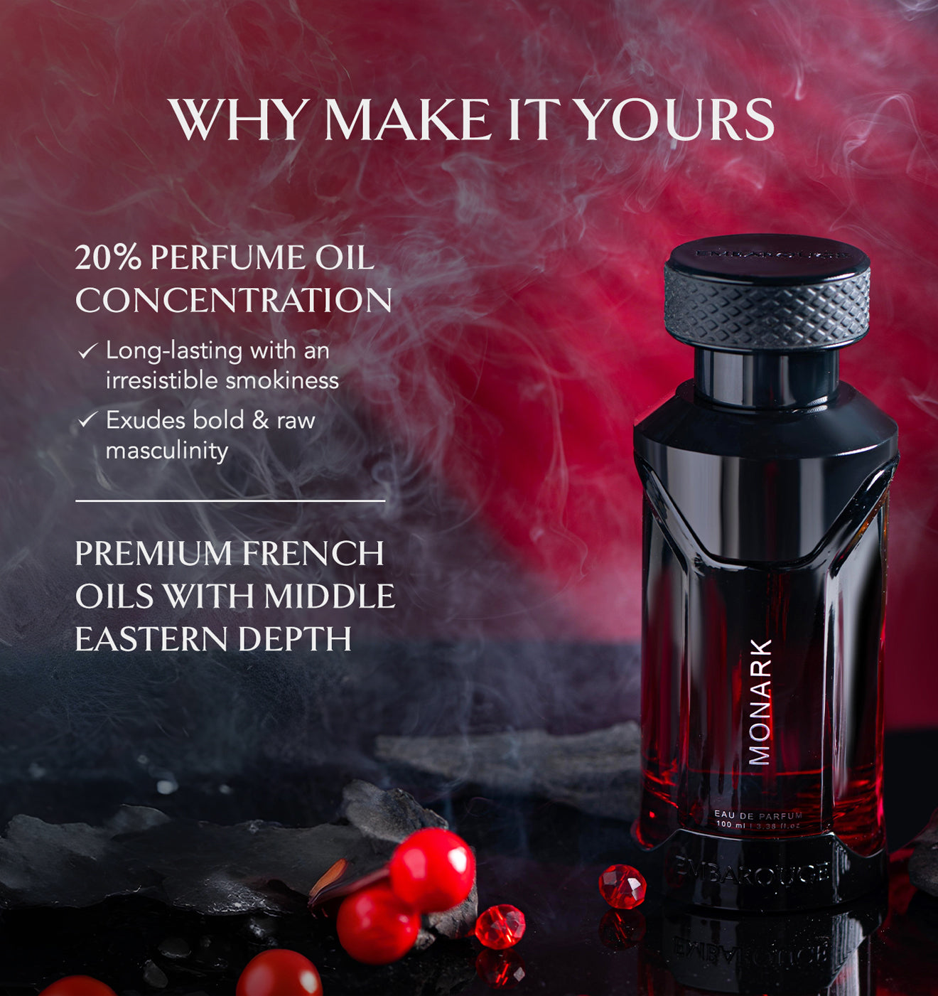 Embarouge Monark Luxury perfume for him Eau De Parfum 100ml highlighting the 20% oil concentration for long lasting fragrance