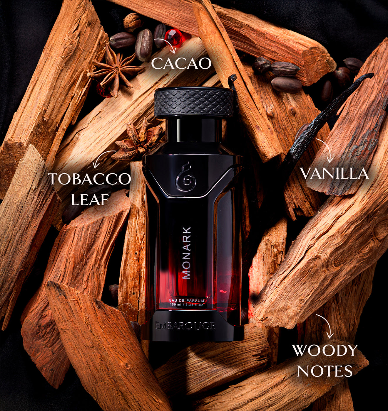 Embarouge Monark Luxury perfume for him with perfume notes mentioned such as Vanilla, Cacao, Tobacco Leaf and Woody Notes
