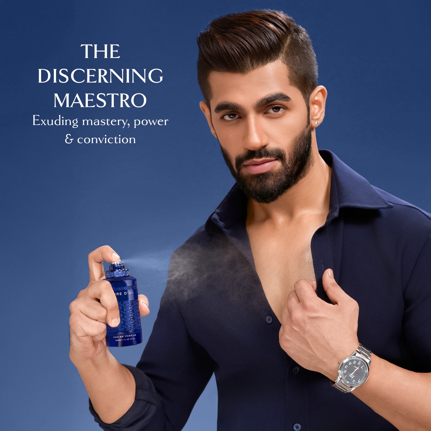 Man holding Embarouge Azure Dor Luxury perfume for him Eau De Parfum 100ml lifestyle image