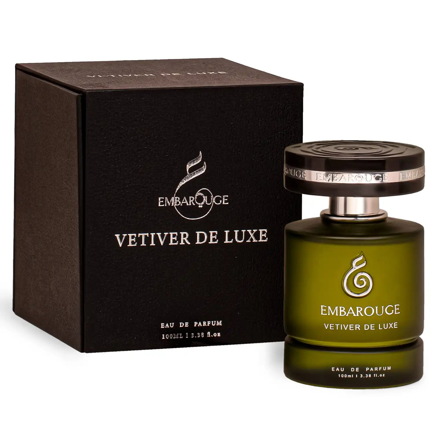 Vetiver de luxe luxury perfume for him by Embarouge, 100ml Eau de parfum in green bottle displayed beside a premium green box