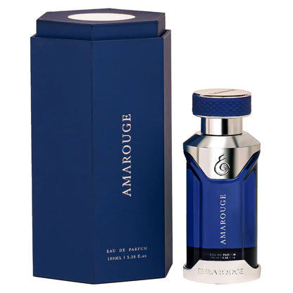 Amarouge luxury perfume for him by Embarouge, 100ml Eau de parfum in royal blue bottle displayed beside a premium blue box