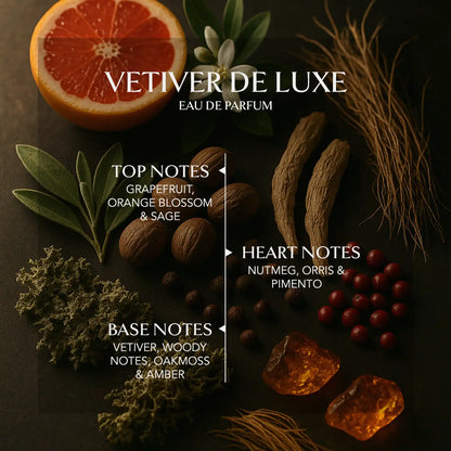 Amarouge luxury perfume for him stating fragrance notes such as grapefruit, orange blossom &amp; sage as top notes, nutmeg, orris &amp; pimento as heart notes, vetiver, oakmoss, amber &amp; woody notes as base notes