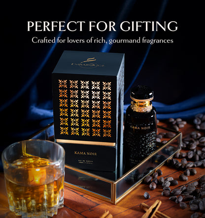 Embarouge Kama Noir Luxury perfume for him Eau De Parfum 100ml - Highlighting it’s Perfect for gifting and has a rich gourmand fragrance