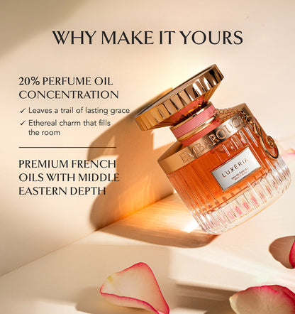 Embarouge Luxeria Luxury perfume for women Eau De Parfum 100ml highlighting the 20% oil concentration for long lasting fragrance