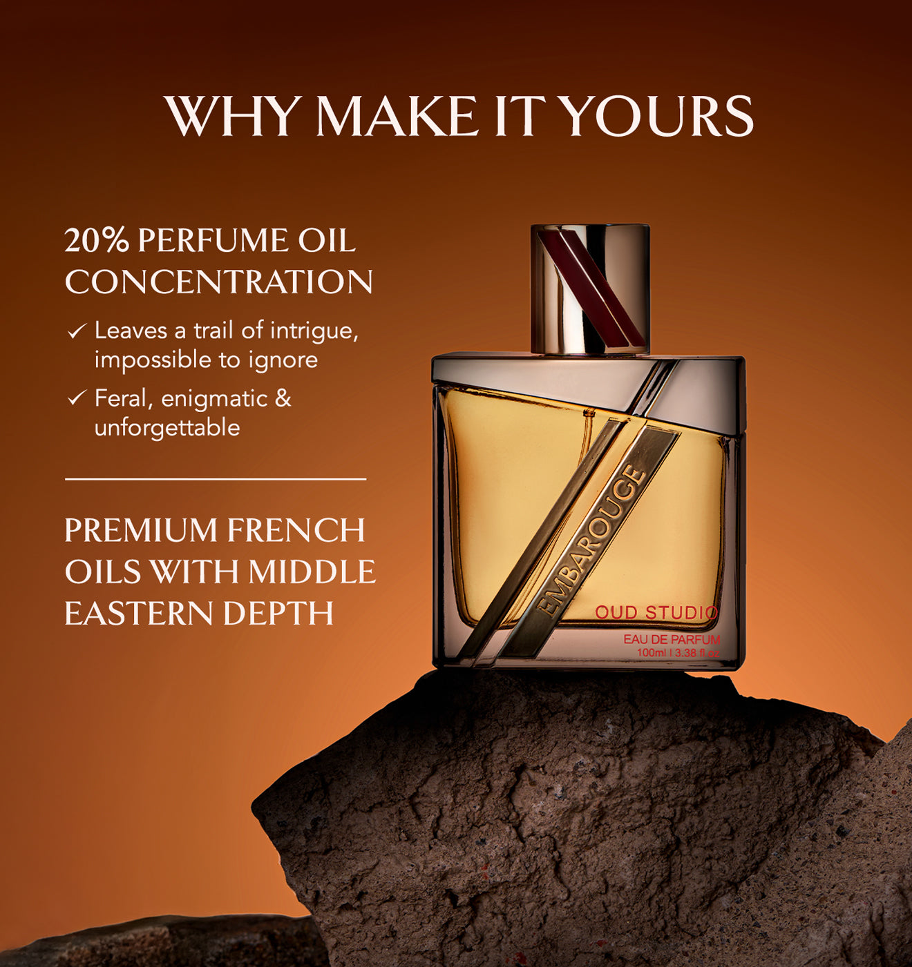 Embarouge Oud Studio Eau De Parfum 100ml highlighting it’s Luxury perfume with 20% oil concentration for long lasting fragrance