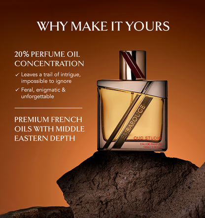 Embarouge Oud Studio Eau De Parfum 100ml highlighting it’s Luxury perfume with 20% oil concentration for long lasting fragrance