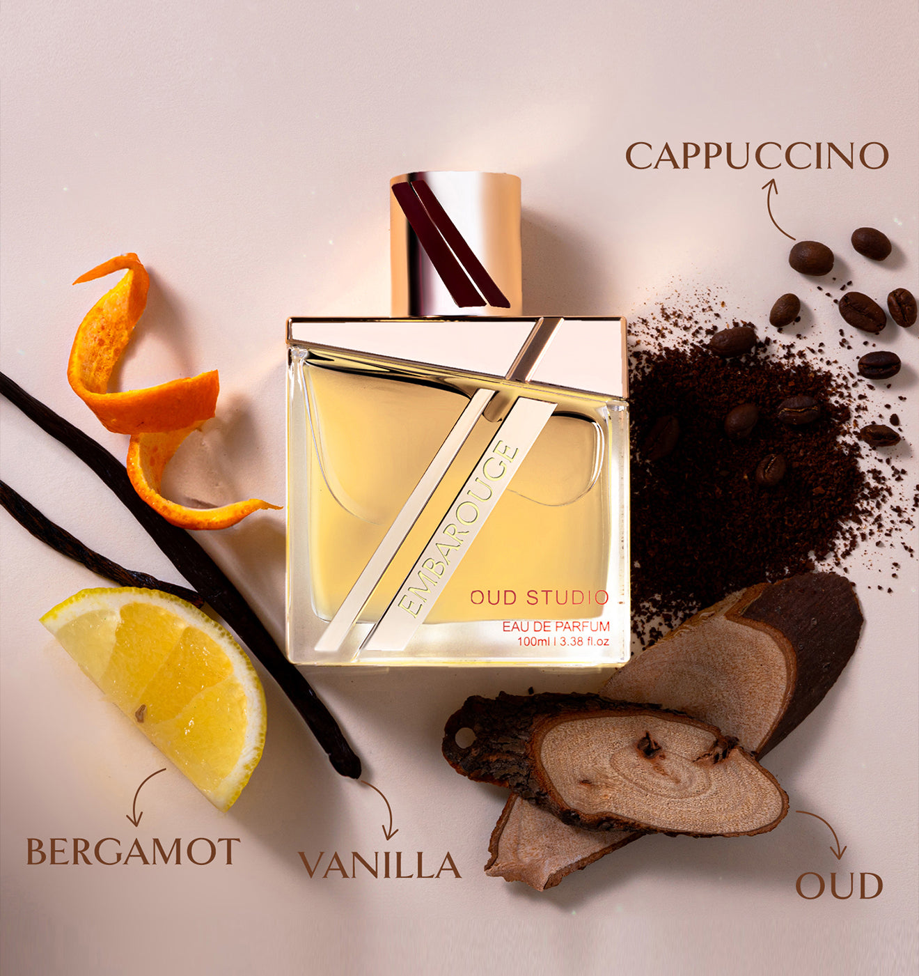 Embarouge Oud Studio Luxury perfume with perfume notes mentioned such as Bergamot, oud, cappuccino and Vanilla