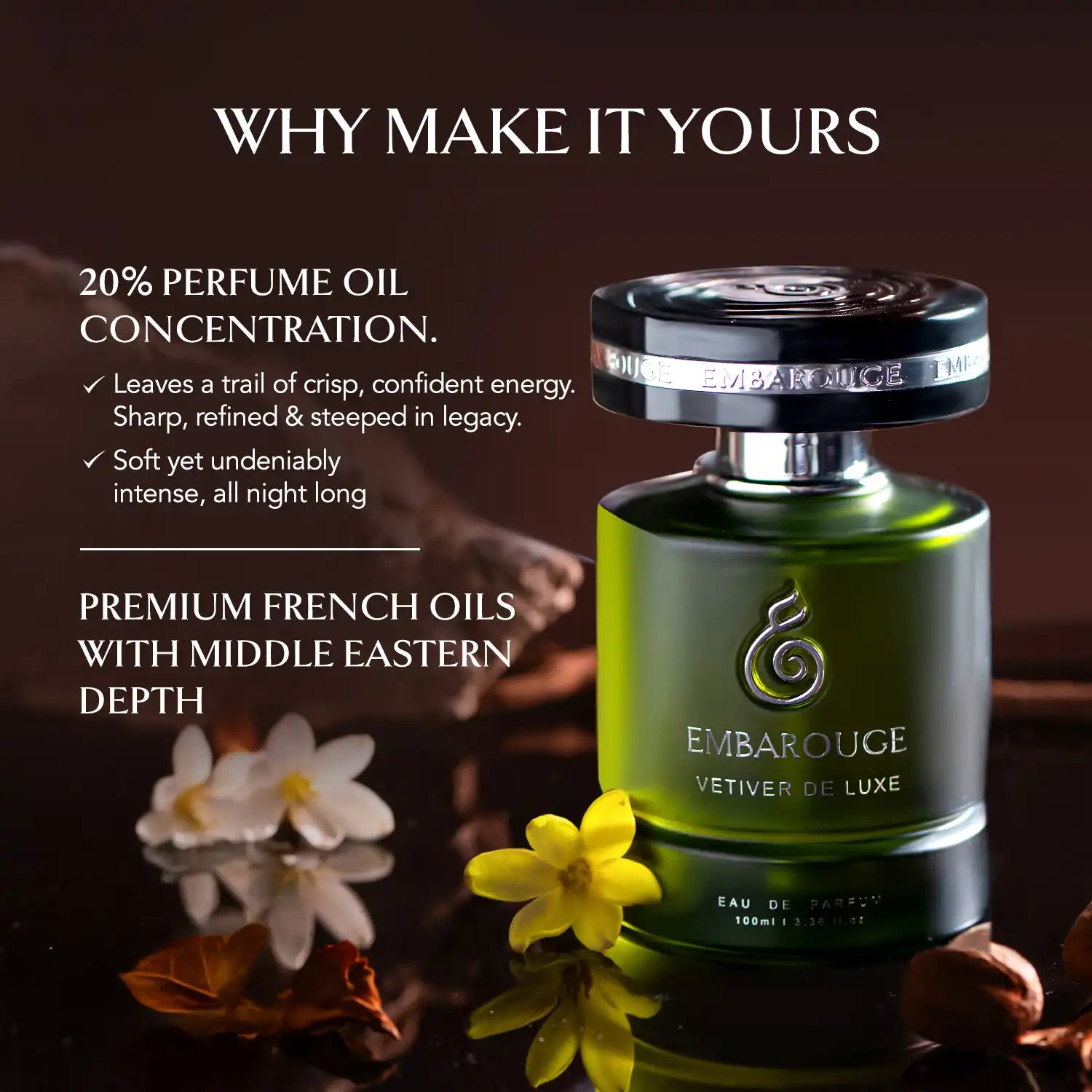 Embarouge Vetiver de luxe Luxury perfume for him Eau De Parfum 100ml highlighting the 20% oil concentration for long lasting fragrance