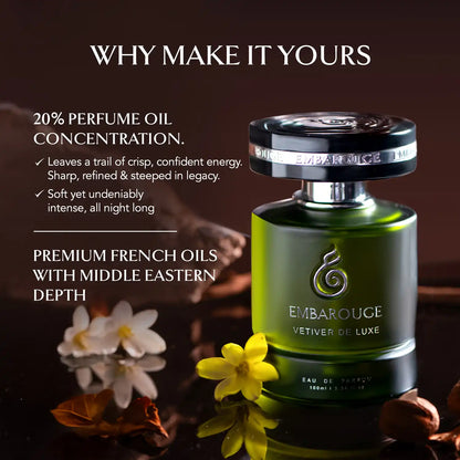 Embarouge Vetiver de luxe Luxury perfume for him Eau De Parfum 100ml highlighting the 20% oil concentration for long lasting fragrance