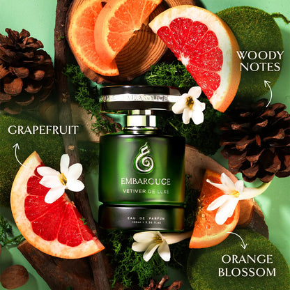 Embarouge Vetiver de luxe Luxury perfume for him with perfume notes mentioned such as grapefruit, orange blossom and woody notes
