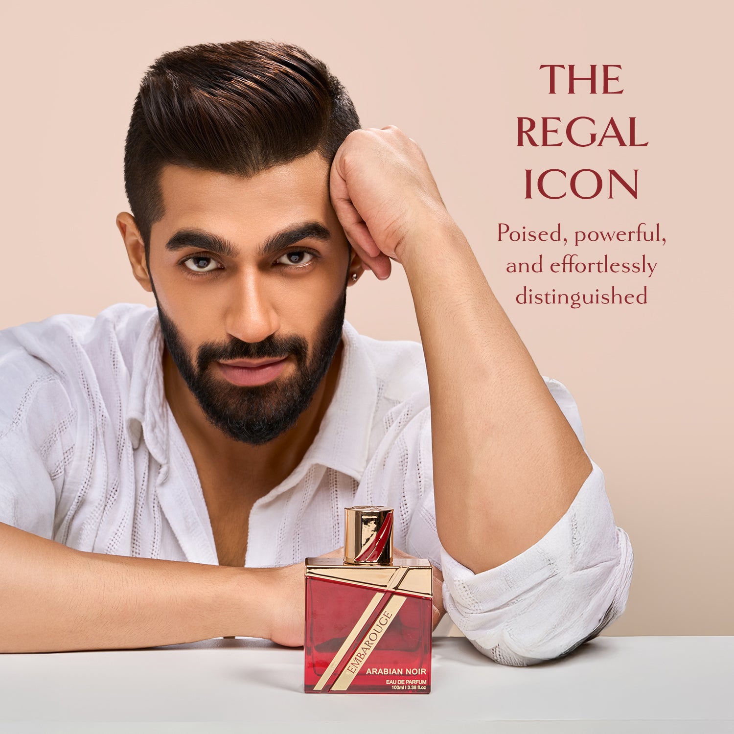 Man holding Embarouge Arabian Noir Luxury perfume for him Eau De Parfum 100ml lifestyle image