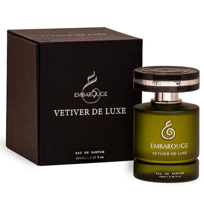 Vetiver de luxe luxury perfume for him by Embarouge, 100ml Eau de parfum in green bottle displayed beside a premium green box